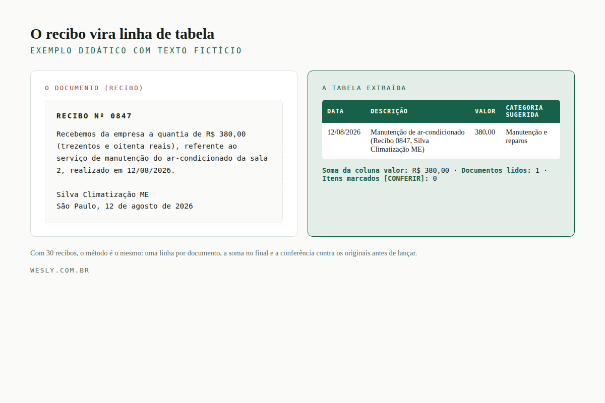 Comparação lado a lado: o recibo fictício de manutenção e a linha de tabela extraída, com soma e contagem de itens a conferir