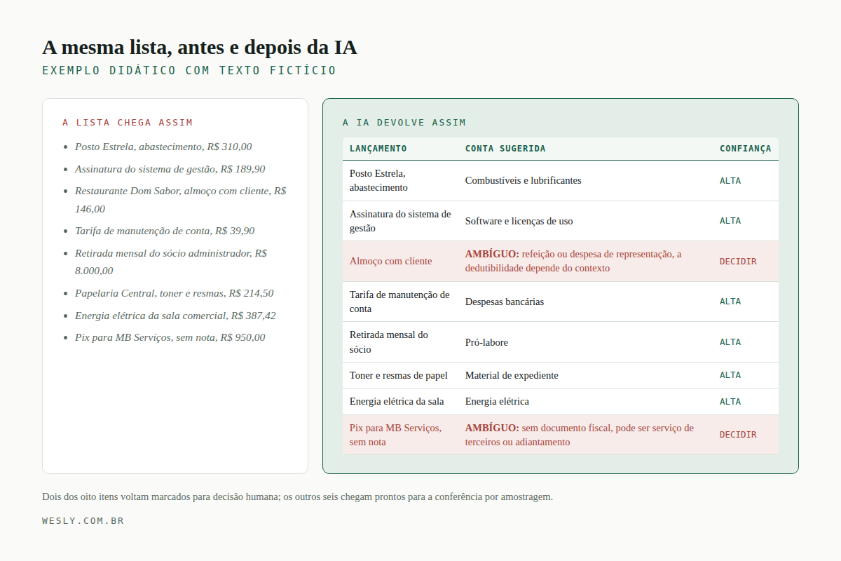 Comparação lado a lado: a lista solta de oito despesas e a tabela devolvida pela IA, com conta sugerida, grau de confiança e dois itens ambíguos destacados para decisão humana
