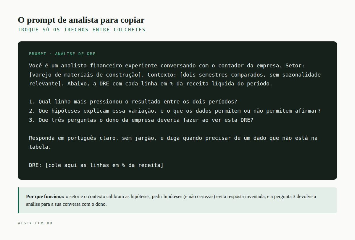 Prompt de analista pronto para copiar, com papel definido, campos de setor e contexto, três perguntas e o pedido de resposta sem jargão