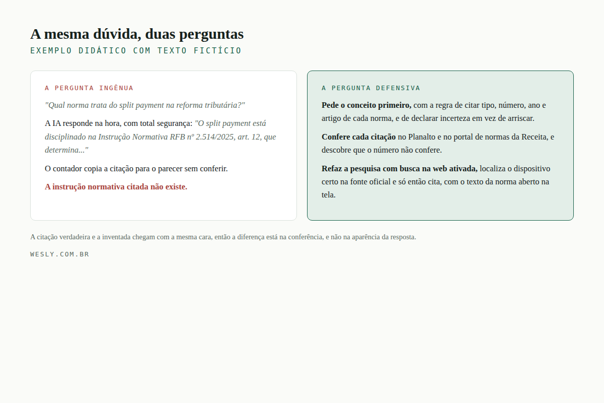 Comparação lado a lado: a pergunta ingênua que aceita uma instrução normativa inexistente e a pergunta defensiva que exige fontes, confere e refaz a busca
